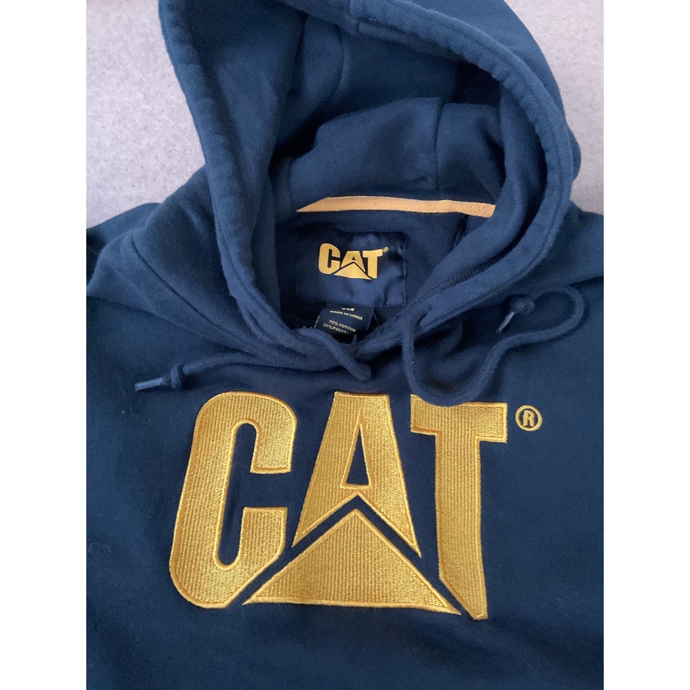 CAT Caterpillar Mens Navy Blue Gold Embroidered Logo Hoodie Sweatshirt Medium